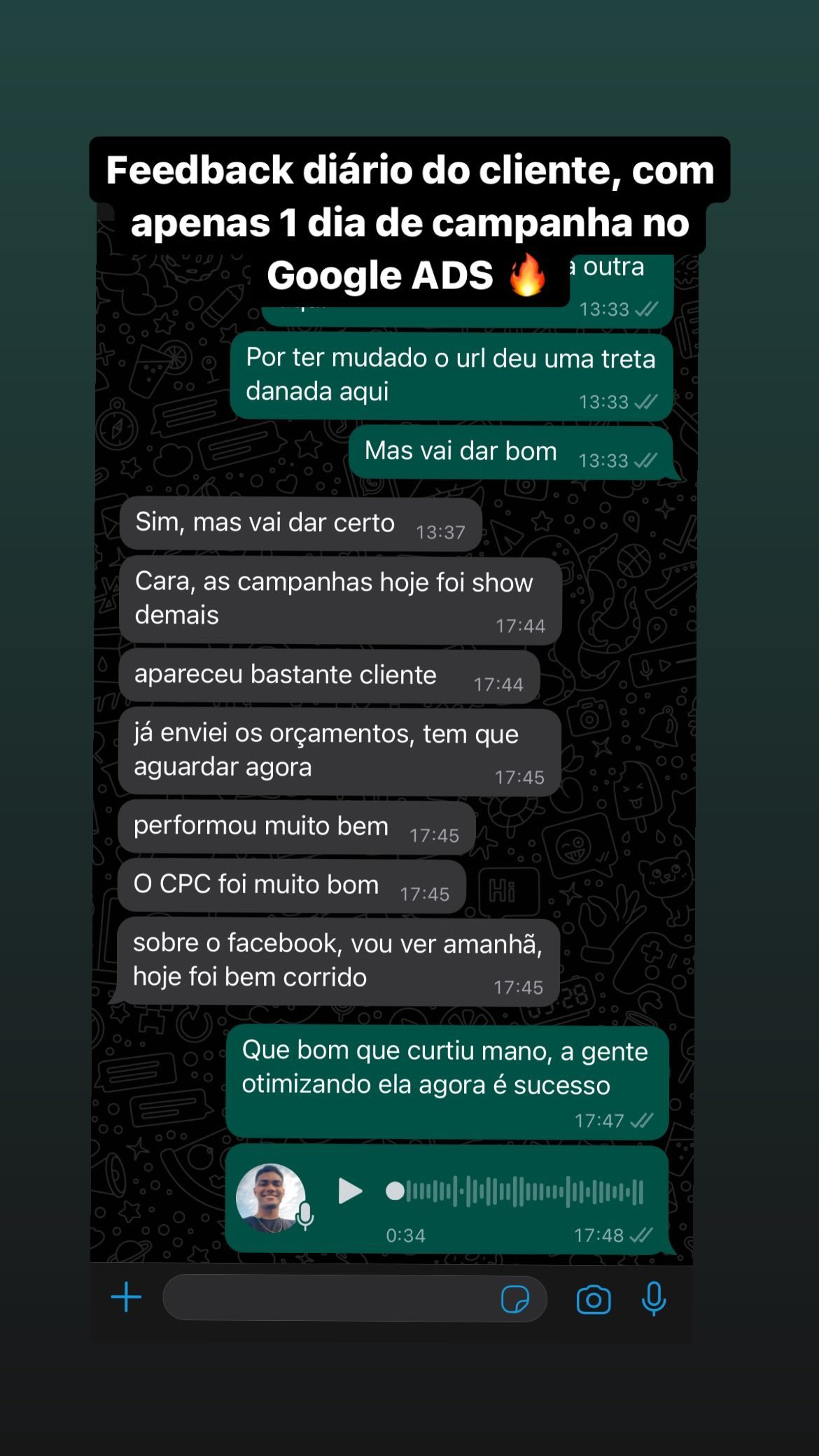 Feedback de cliente após campanha de Google Ads